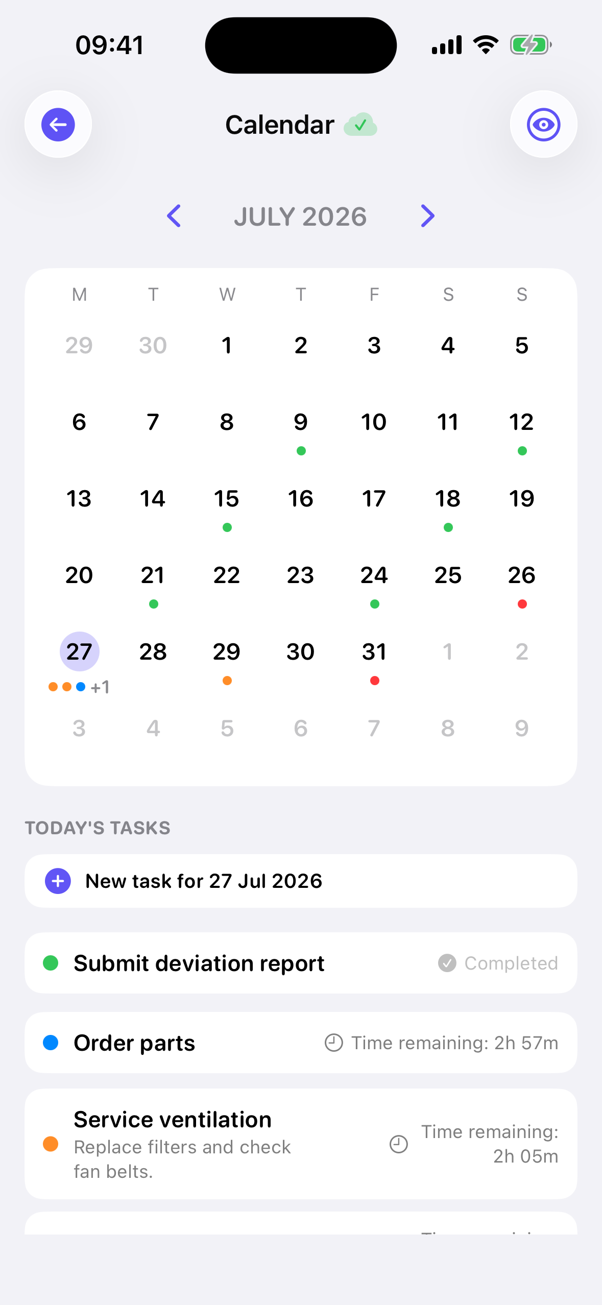 Month calendar with today selected and the day's tasks below