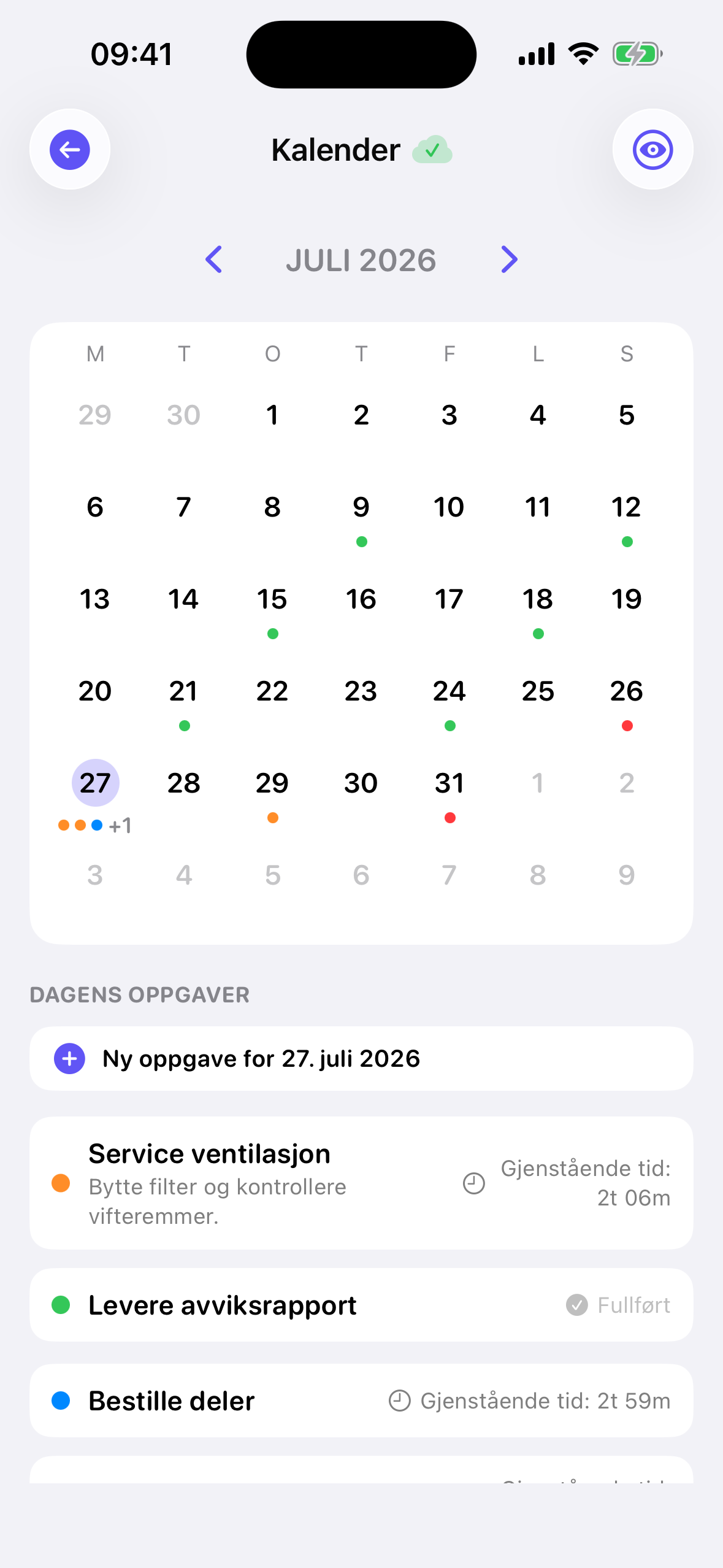 Månedskalender med dagen valgt og dagens oppgaver under