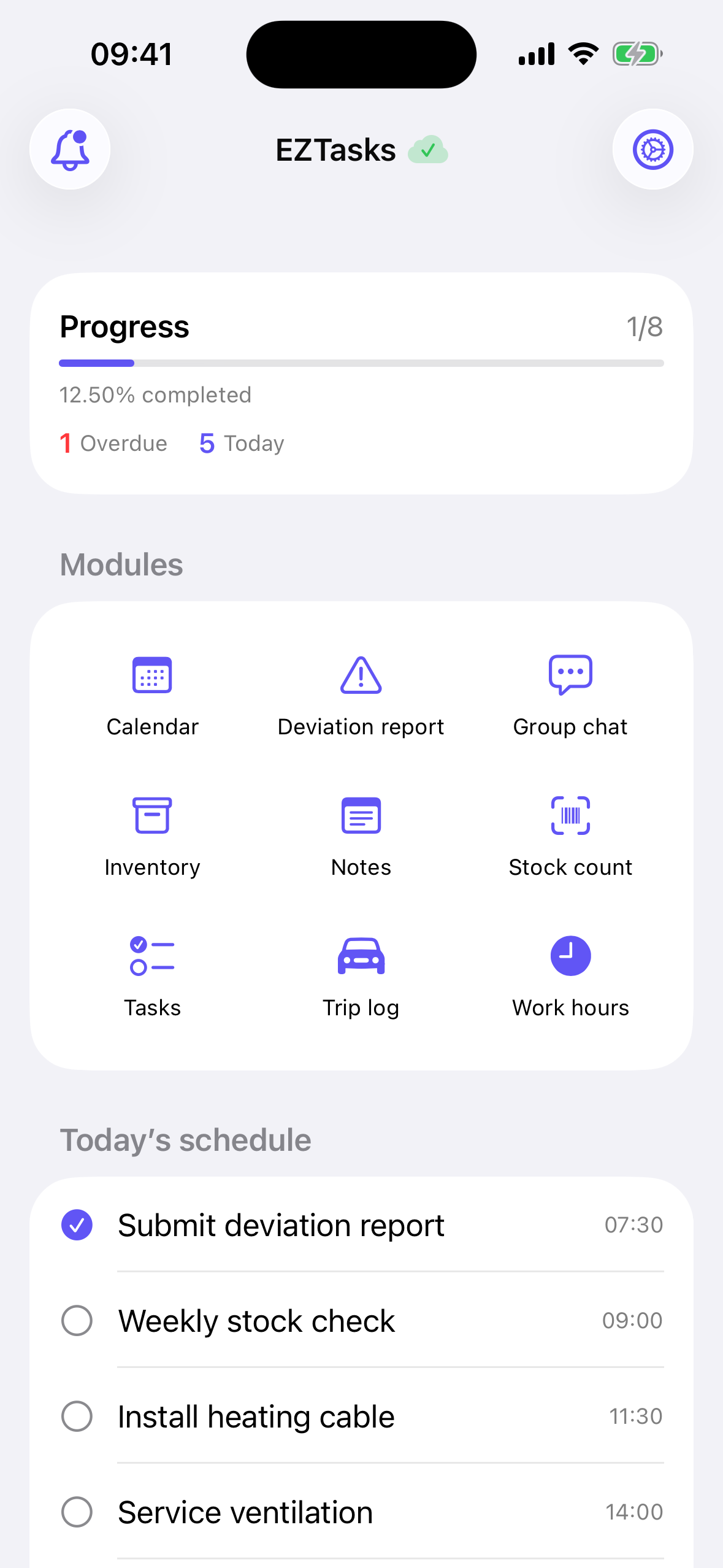 EZTasks dashboard on iPhone showing progress, all nine modules and today's schedule