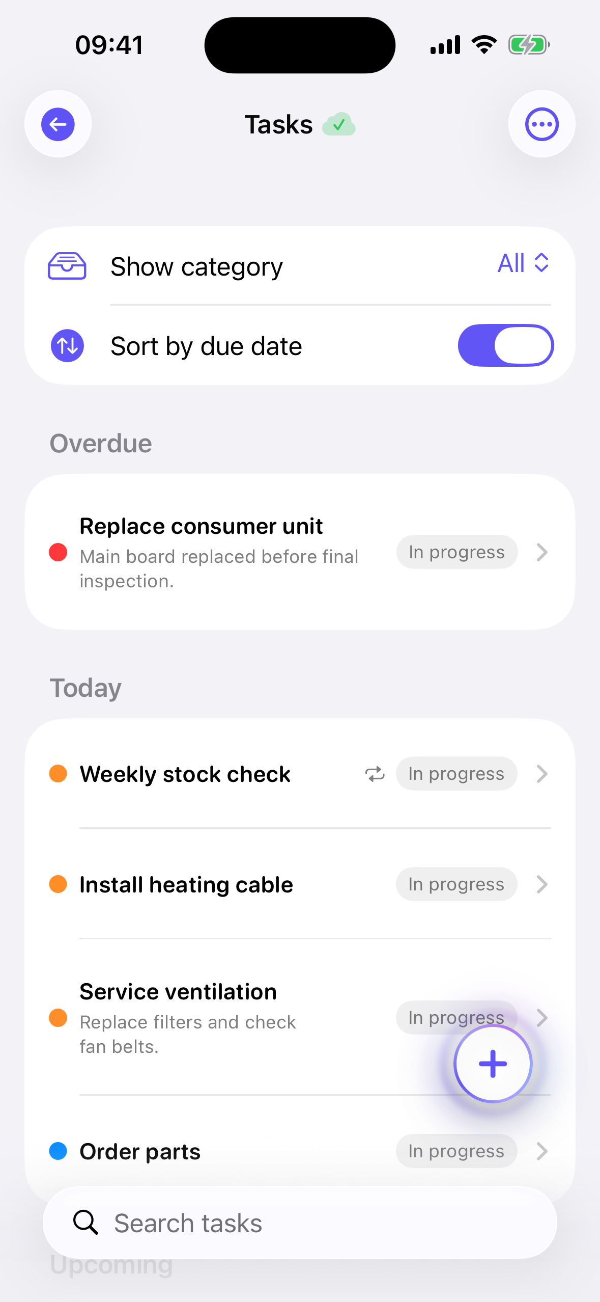 Task list with overdue and today sections