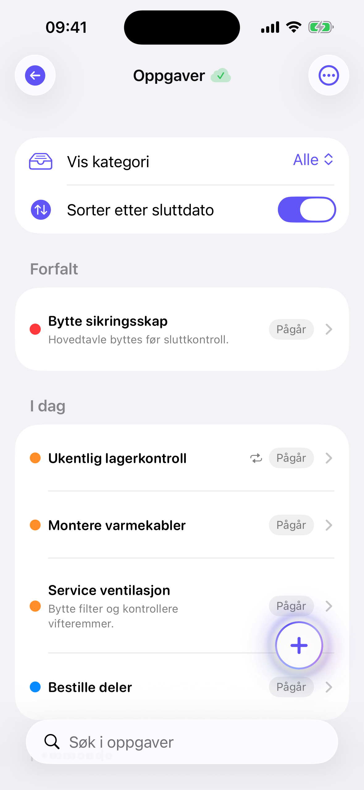 Oppgaveliste med forfalt og i dag
