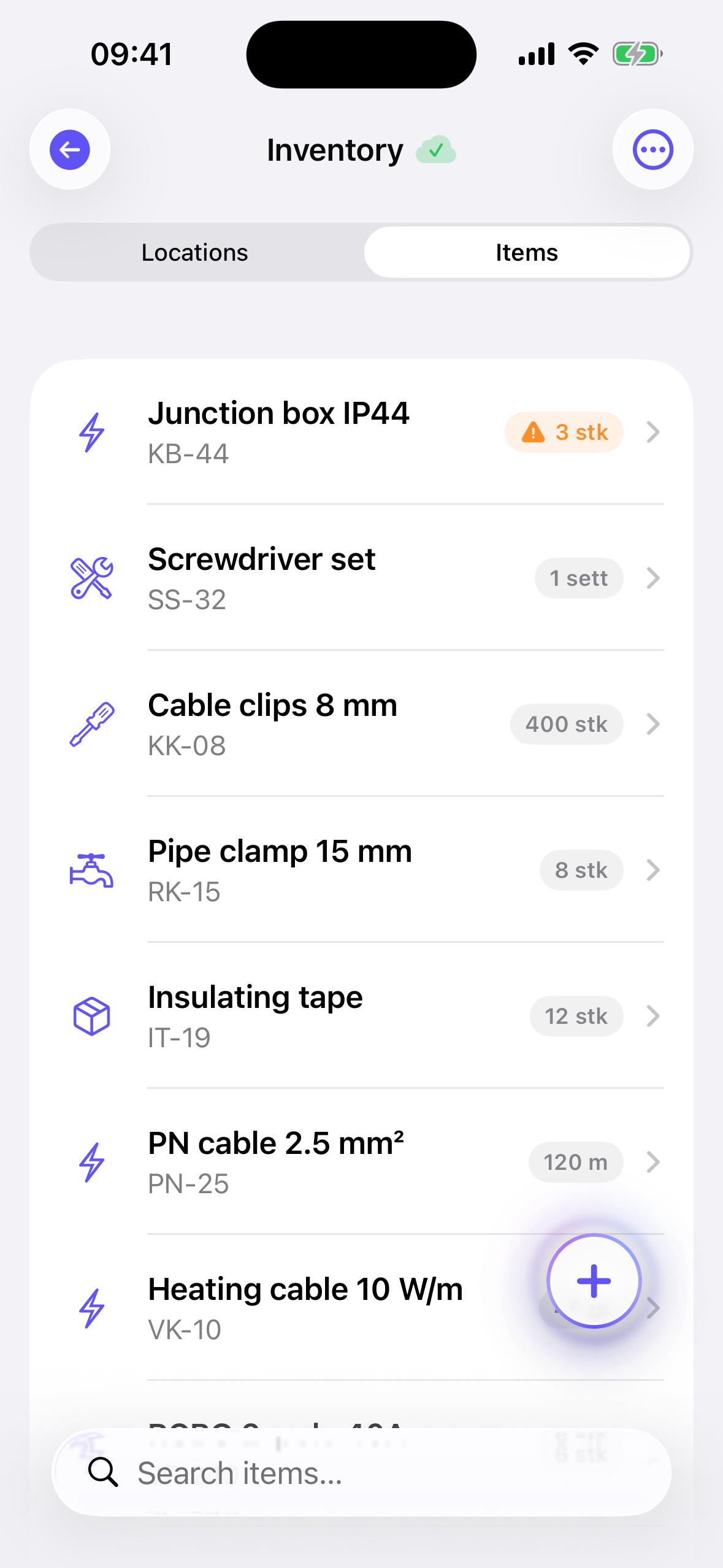 Inventory items with quantities and a low-stock warning
